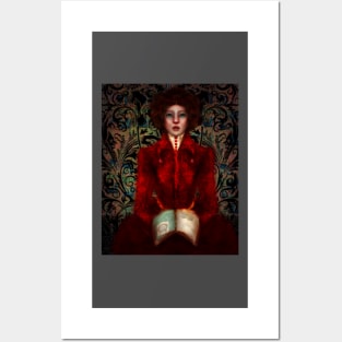 Dark Academia Lowbrow Art Portrait of Historical Ruby Red Fashion Illustration of Librarian Holding Illuminated Manuscript Posters and Art